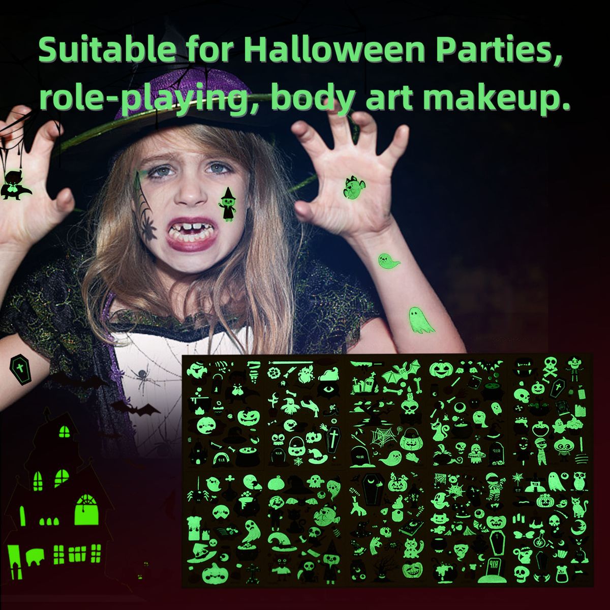 Halloween Tattoos Luminous Stickers For Children 10 Sheets