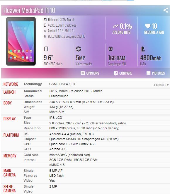 (HUAWEI) HONOR Tablet T1 - A22L 4G  PC 2+16GB