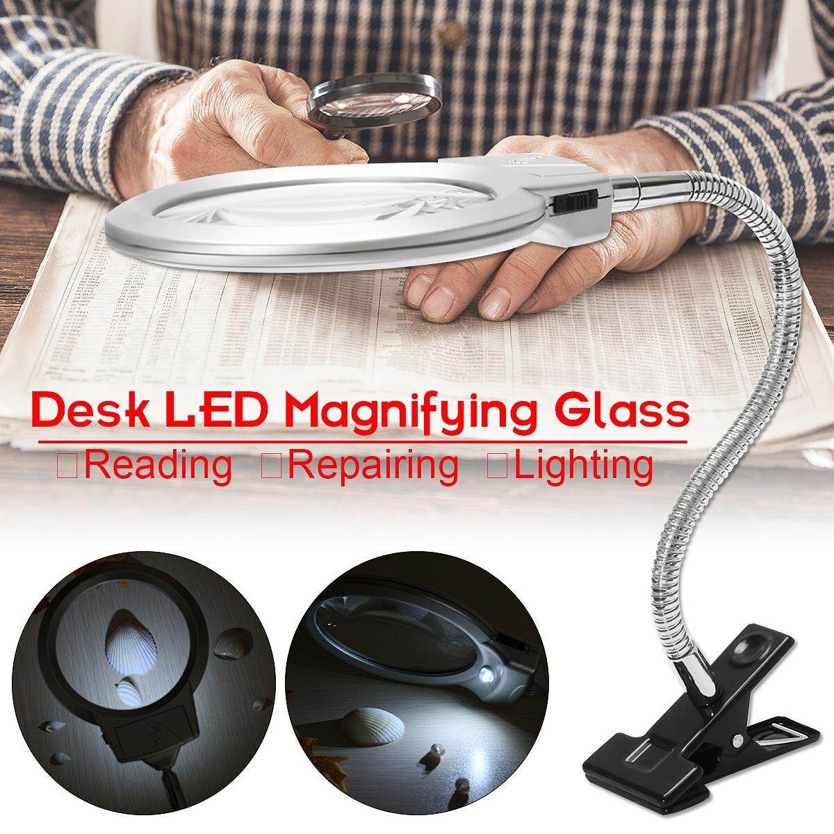 2in1 90mm 5X & 22mm 2.5X Desk Magnifier Magnifying Glass +2 LED Light + Clamp