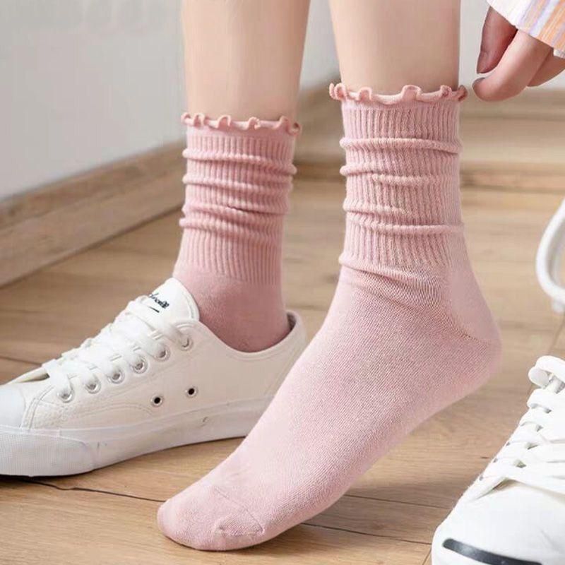 5 Pairs/lot Women Ruffle Lace Cotton Long Socks Knitting Solid Color Crew Breathable Mid Tube Cute Casual Sock Autumn Winter