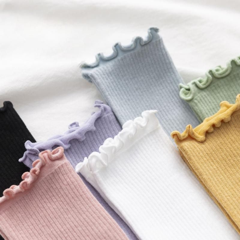5 Pairs/lot Women Ruffle Lace Cotton Long Socks Knitting Solid Color Crew Breathable Mid Tube Cute Casual Sock Autumn Winter