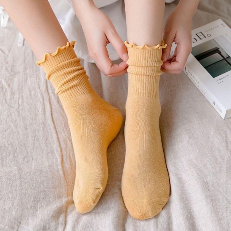 5 Pairs/lot Women Ruffle Lace Cotton Long Socks Knitting Solid Color Crew Breathable Mid Tube Cute Casual Sock Autumn Winter