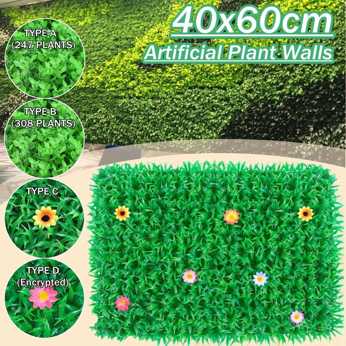 40x60cm Plant Walls Foliage Hedge Grass Mat Greenery Panels Fence TYPE C
