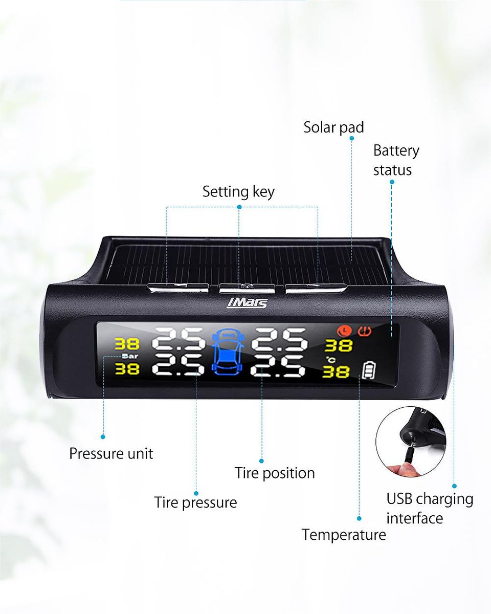 Imars 5v Car Solar Wireless Tpms Tyre Tire Pressure Monitor