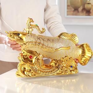 40CM Home  Business ART FENG SHUI Money Drawing Gold Dragon Fish Arowana Ornament Wine Pot Statue