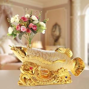 40CM Home  Business ART FENG SHUI Money Drawing Gold Dragon Fish Arowana Ornament Wine Pot Statue