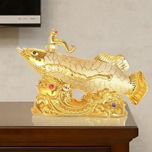 40CM Home  Business ART FENG SHUI Money Drawing Gold Dragon Fish Arowana Ornament Wine Pot Statue