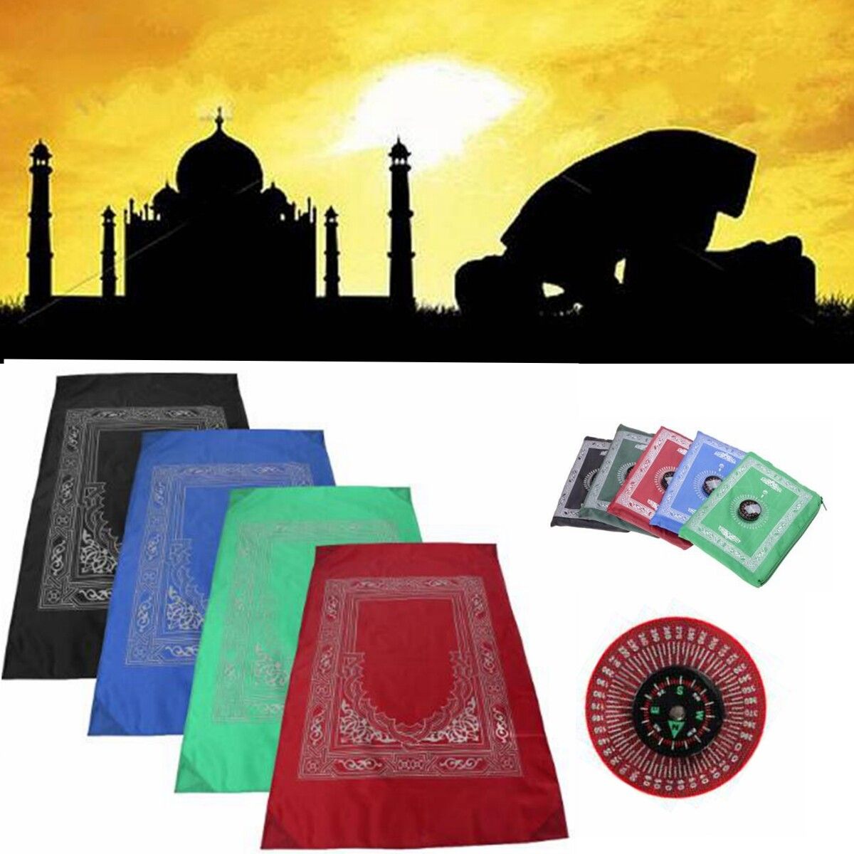 Eid Mubarak Islamic Muslim Pocket Prayer Rug Mat Travel Lightweight PVC Plastic Blanket Blackish Green