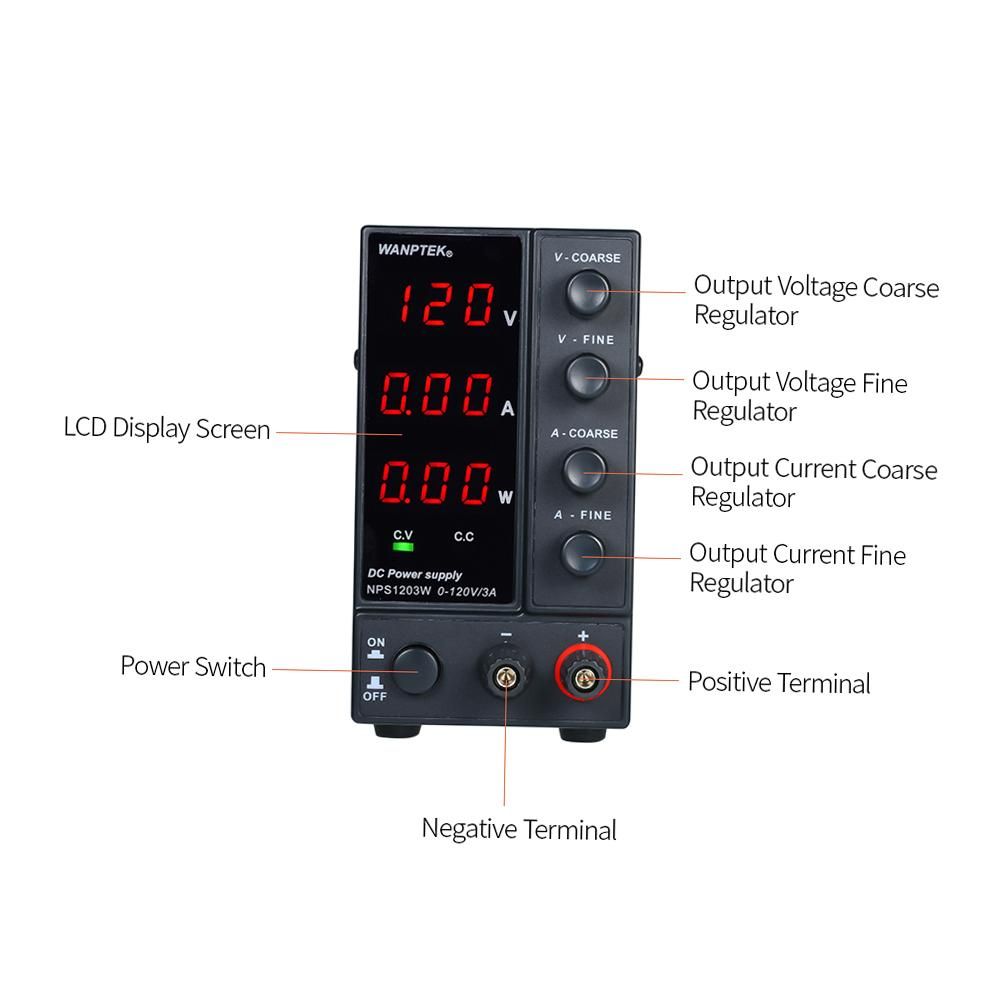 wanptek NPS1203W 0-120V 0-3A Switching DC Power Supply 3 Digits Display LED High Precision Adjustable Mini Power Supply AC 115V/230V 50/60Hz Voltage & Current Regulated Dual Output