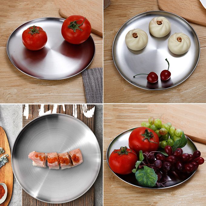 Stainless Steel Round Plate BBQ Grill Meat Dishes Plate Fruit Tray