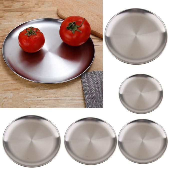 Stainless Steel Round Plate BBQ Grill Meat Dishes Plate Fruit Tray
