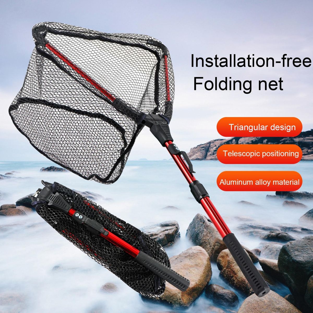 Durable Frame Fishing Net Portable Foldable Fishing Net for Outdoor Red