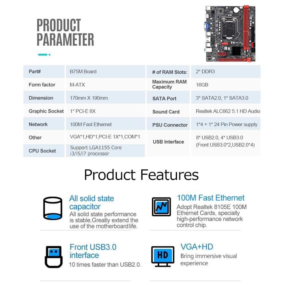 JINGSHA B75M Motherboard Dual DDR3 Memory Slots VGA+HD Display Interfaces Support LGA1155 Core i3/i5/i7 CPU