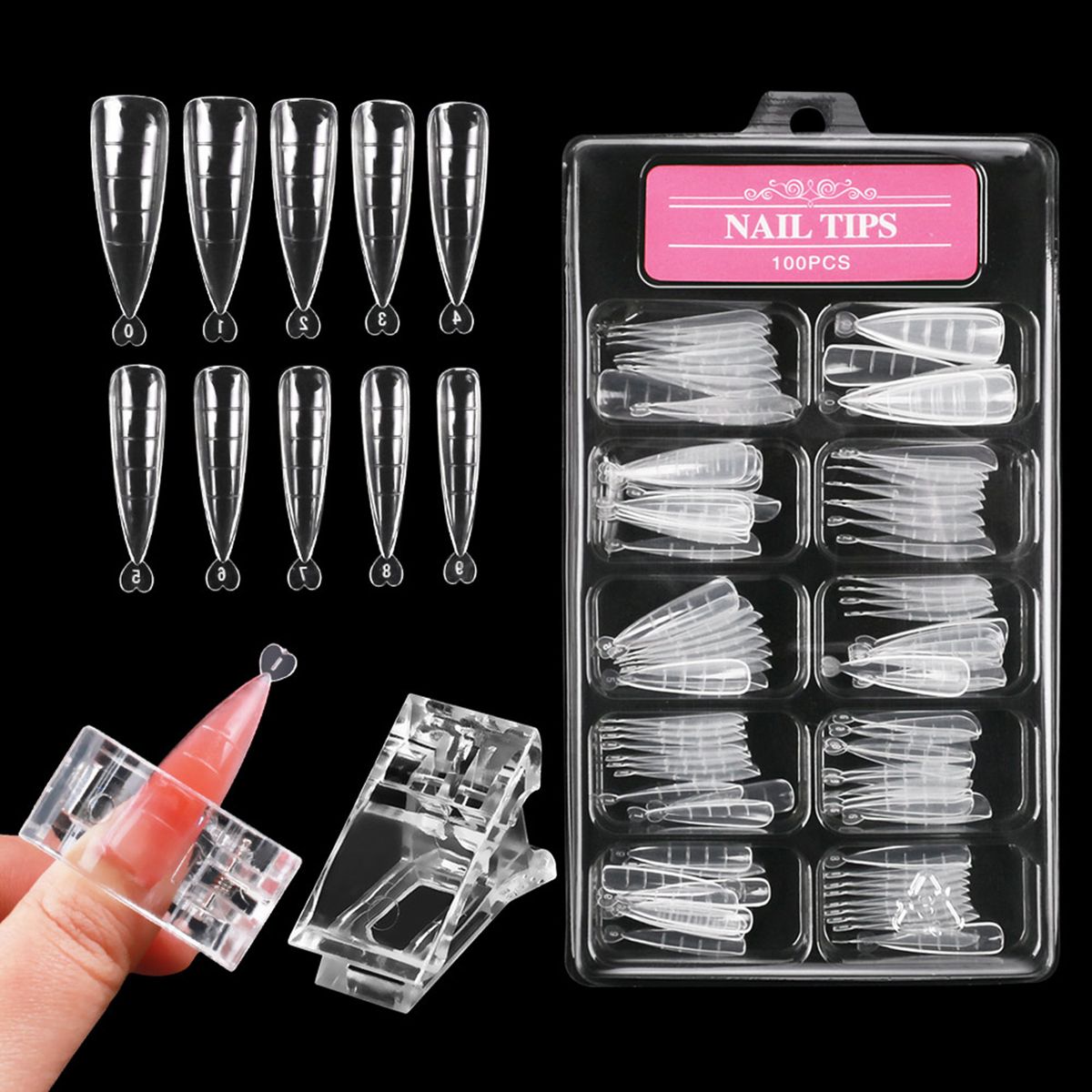 100Pcs Nail Tips With Scale + Nail Clip For Nail Extension