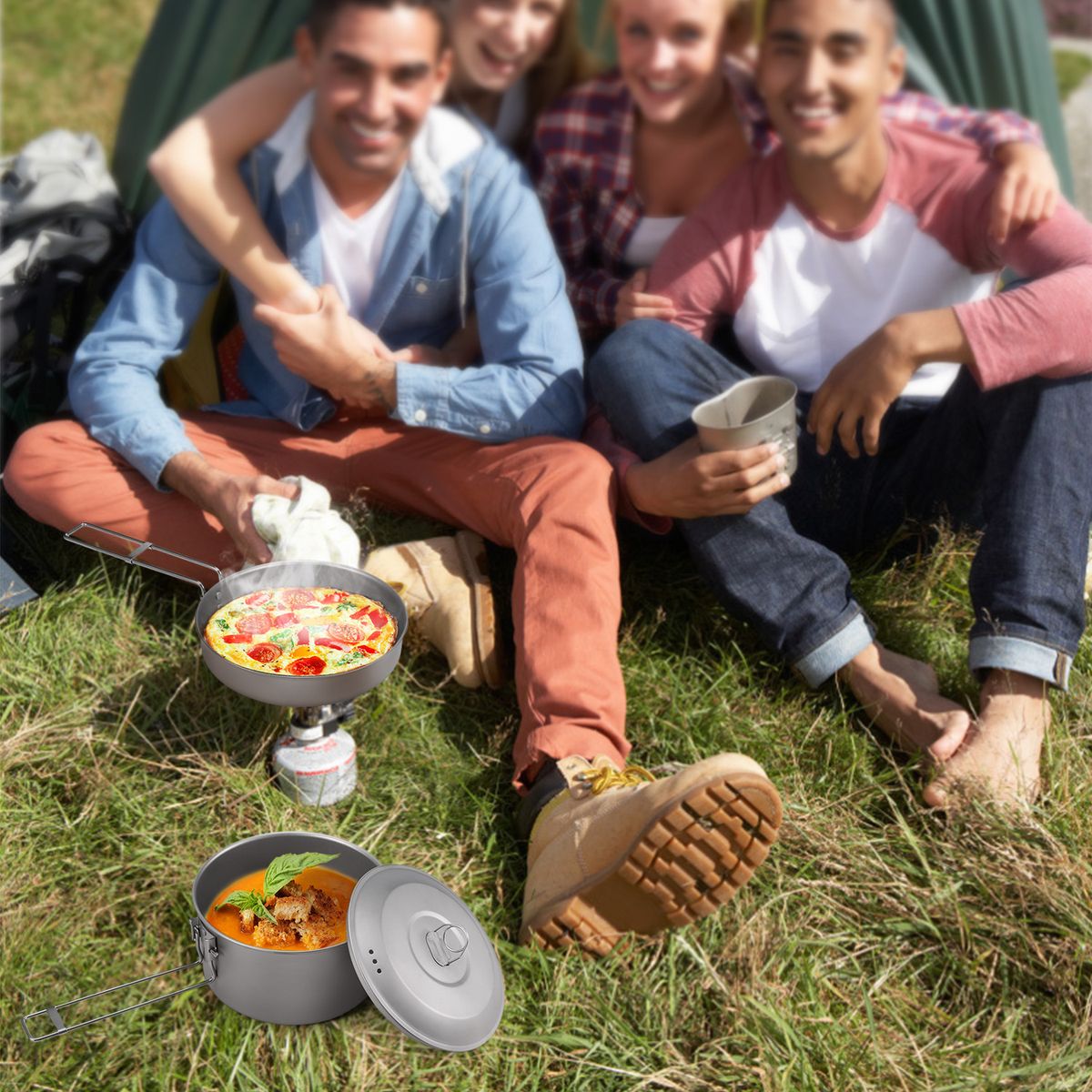 Camping Cookware Set Titanium Pot And Fry Pan Set With Lid