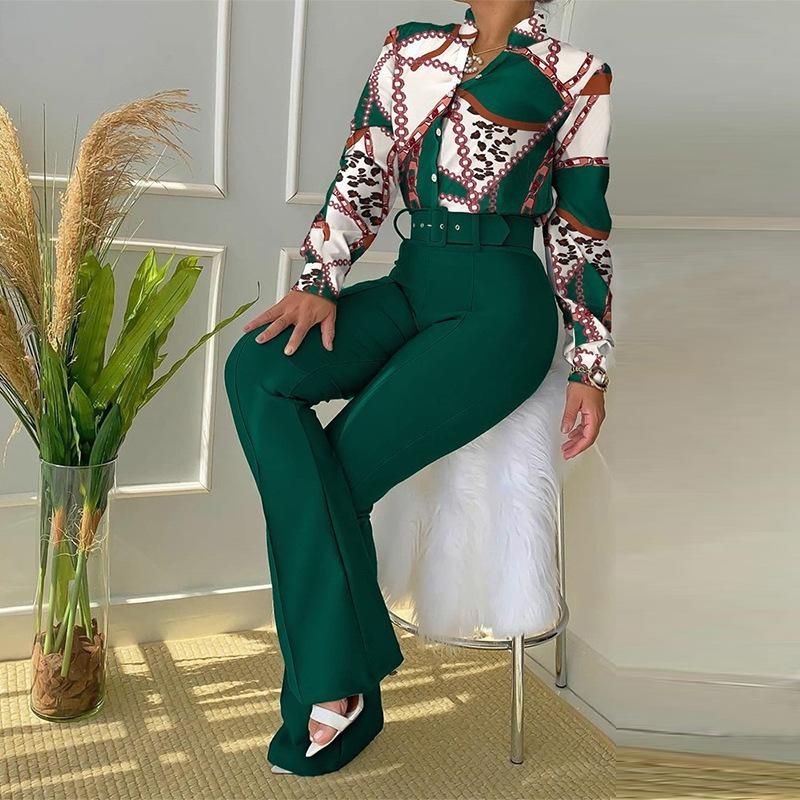 New casual suit printed stand collar, long sleeve shirt, top, wide-leg pants, tw