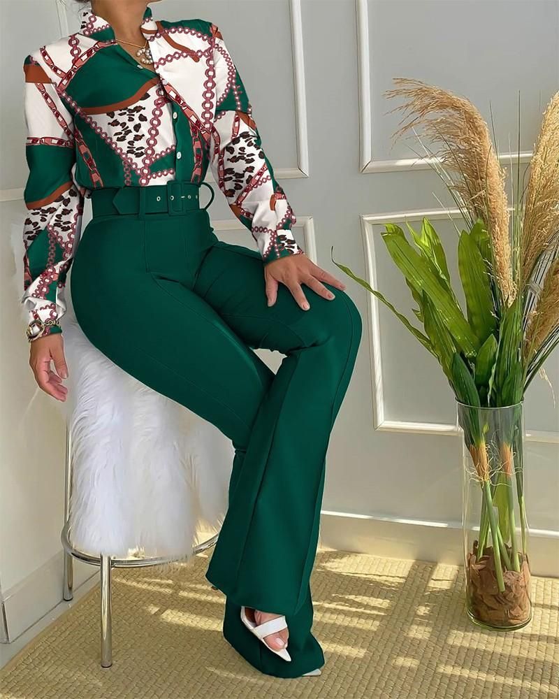 New casual suit printed stand collar, long sleeve shirt, top, wide-leg pants, tw