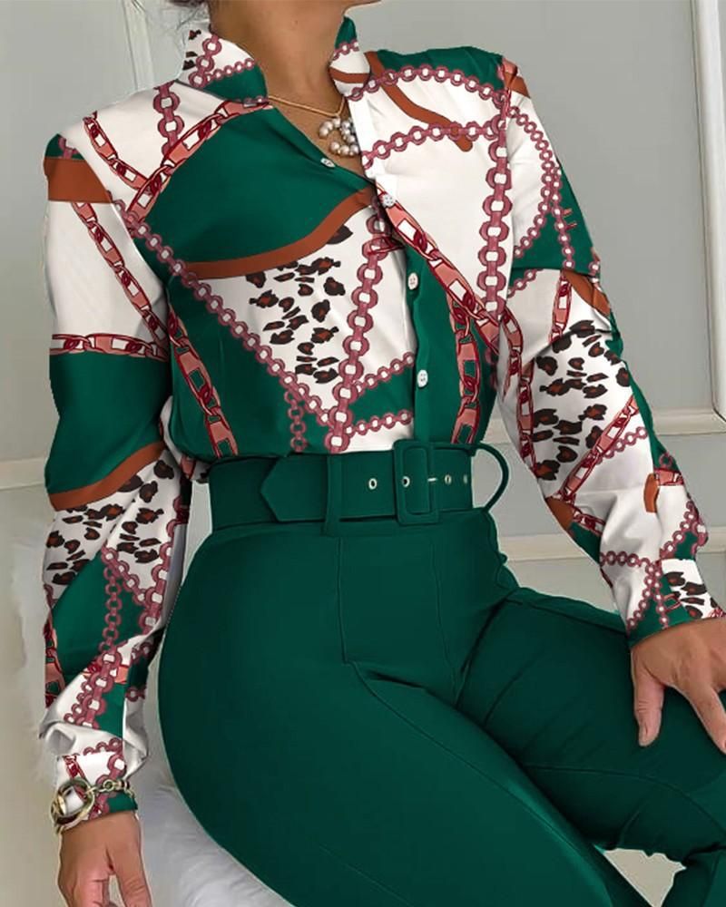 New casual suit printed stand collar, long sleeve shirt, top, wide-leg pants, tw
