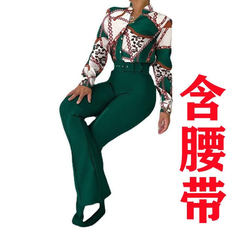 New casual suit printed stand collar, long sleeve shirt, top, wide-leg pants, tw