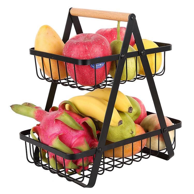 Cross-border e-commerce Nordic folding double-layer portable wrought iron basket kitchen storage basket storage rack storage rack fruit basket KC-SGL861 black