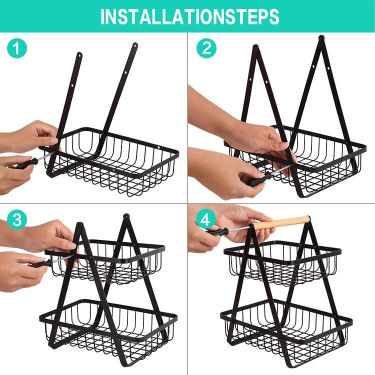Cross-border e-commerce Nordic folding double-layer portable wrought iron basket kitchen storage basket storage rack storage rack fruit basket KC-SGL861 black