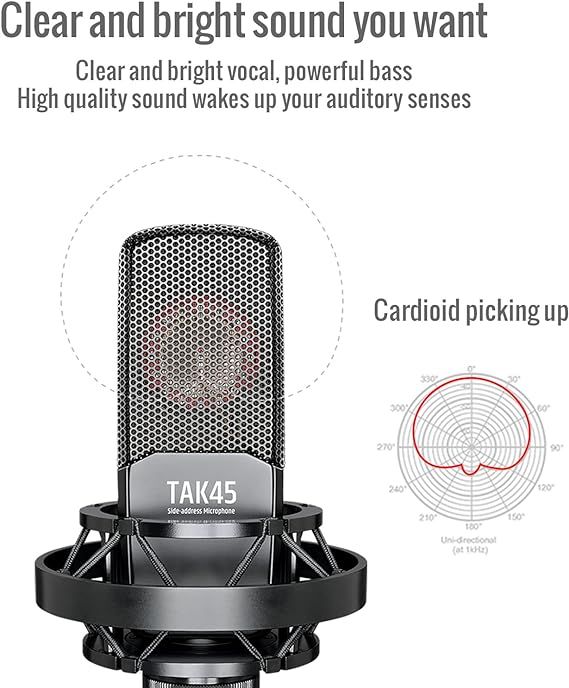 Recording Microphone With 34mm Large Gold Plated Diaphragm, TAK45 XLR Condenser Microphone, Shock Mount, And Windscreen For Studio Broadcasting Stage Performance Instrument Recording