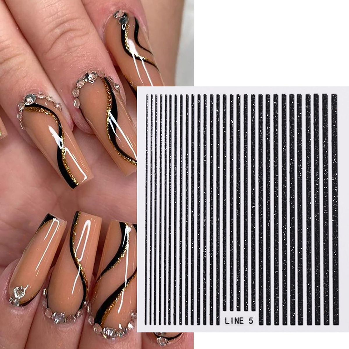 Glitter Nail Stickers Lines Nail Decals Nail Art Decorations Black