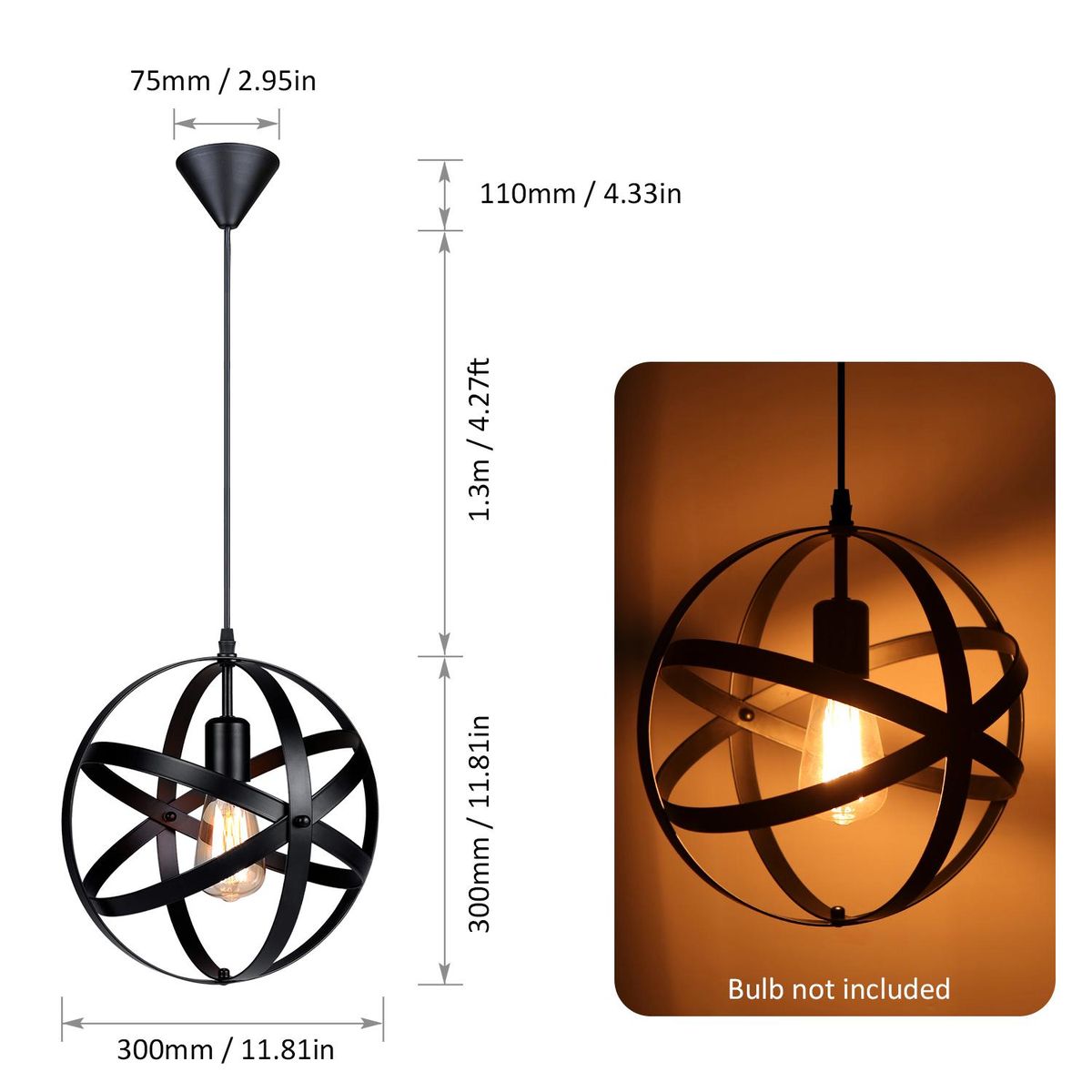 Tomshine Industrial Pendant Light Chandelier E26 Base Vintage Spherical Hanging Lights Lantern Globe Ceiling Light for Living Room Kitchen Restaurant (without bulb)