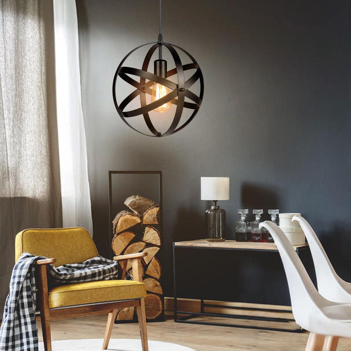 Tomshine Industrial Pendant Light Chandelier E26 Base Vintage Spherical Hanging Lights Lantern Globe Ceiling Light for Living Room Kitchen Restaurant (without bulb)