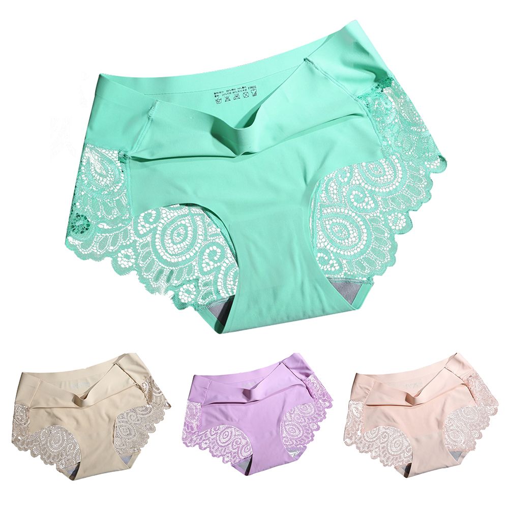 Women Sexy Stylish Ultra-thin Seamless Breathable Stretchy Lace Patchwork Briefs-White