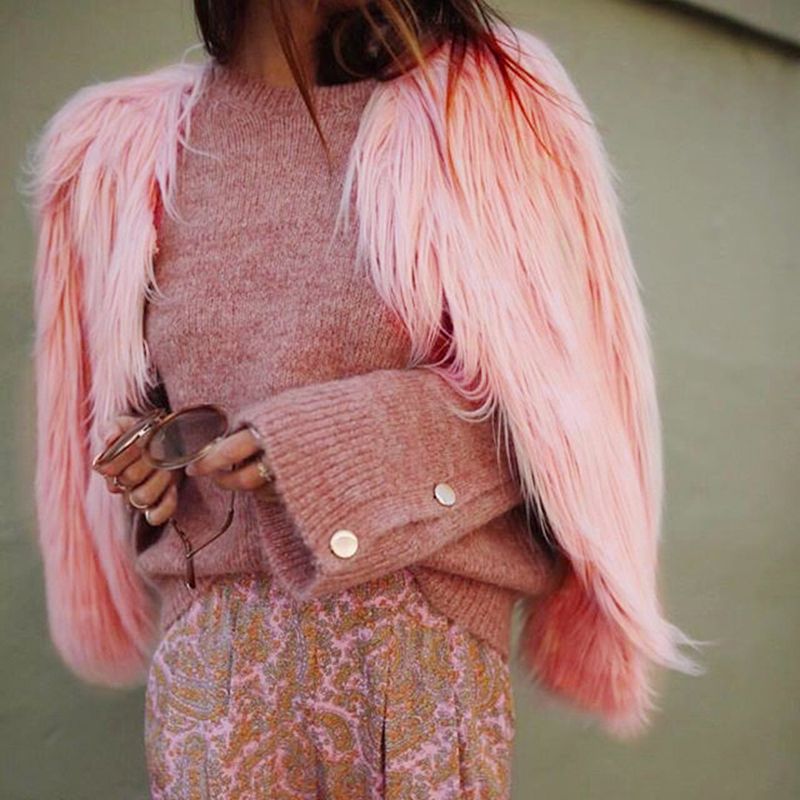 Winter Women Coat Solid Color Long Sleeve Fluffy Outerwear Short Jacket Hairy Warm Overcoat-pink2