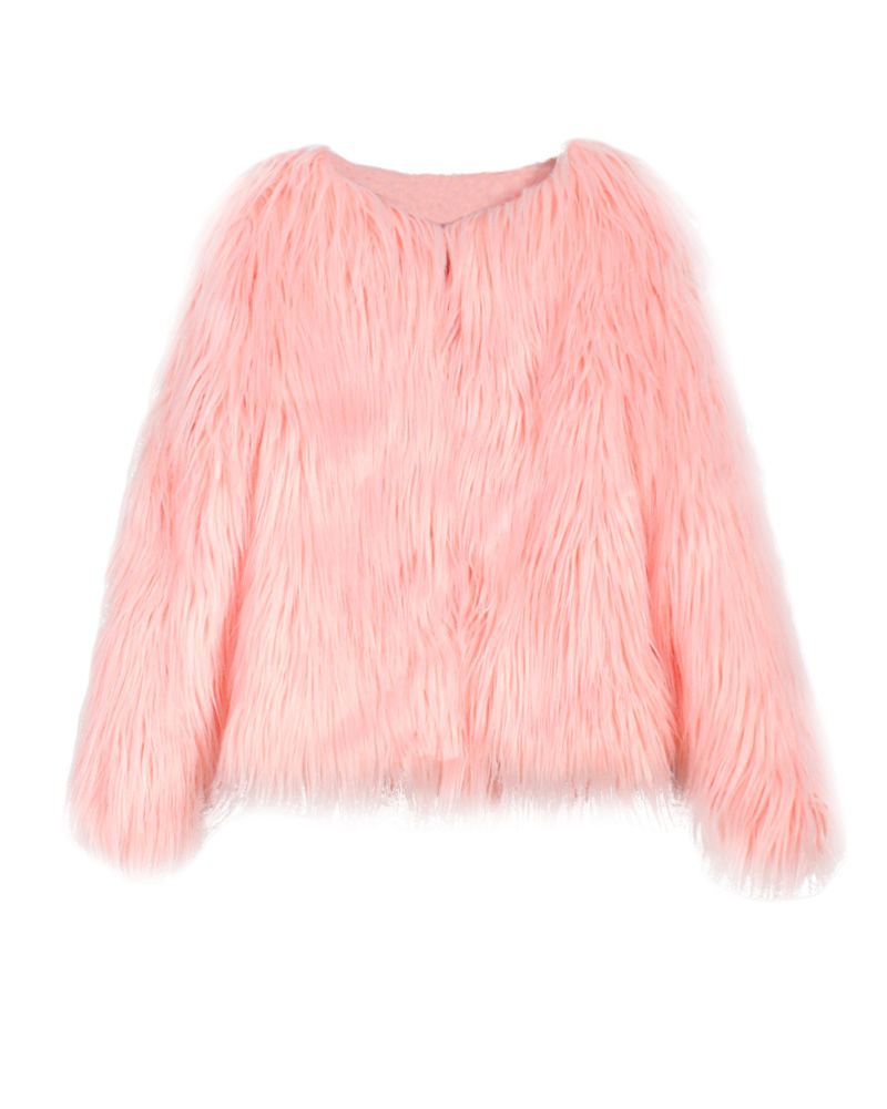 Winter Women Coat Solid Color Long Sleeve Fluffy Outerwear Short Jacket Hairy Warm Overcoat-pink2