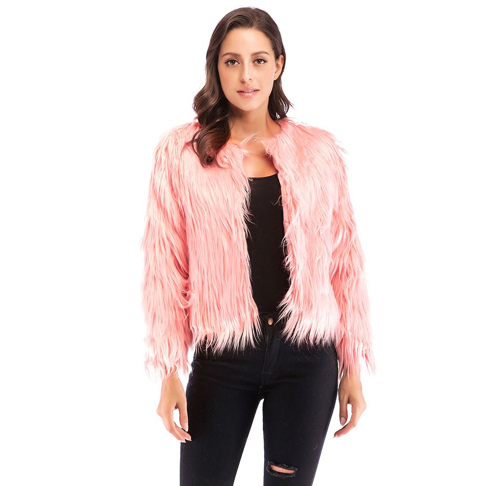 Winter Women Coat Solid Color Long Sleeve Fluffy Outerwear Short Jacket Hairy Warm Overcoat-pink2