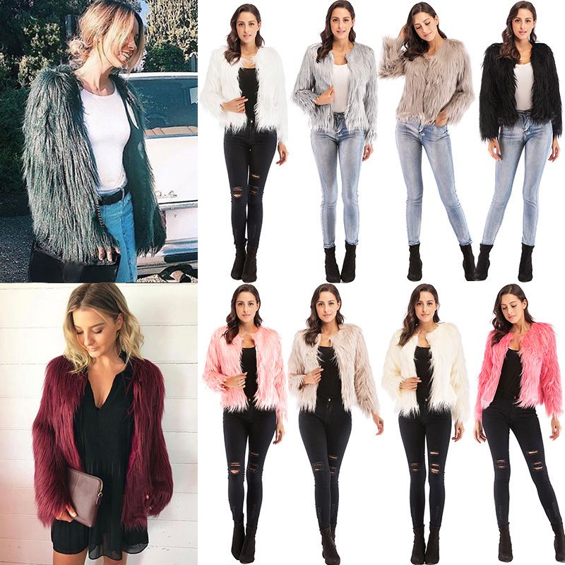 Winter Women Coat Solid Color Long Sleeve Fluffy Outerwear Short Jacket Hairy Warm Overcoat-pink2