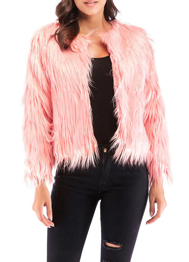 Winter Women Coat Solid Color Long Sleeve Fluffy Outerwear Short Jacket Hairy Warm Overcoat-pink2