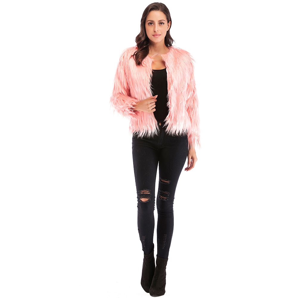 Winter Women Coat Solid Color Long Sleeve Fluffy Outerwear Short Jacket Hairy Warm Overcoat-pink2