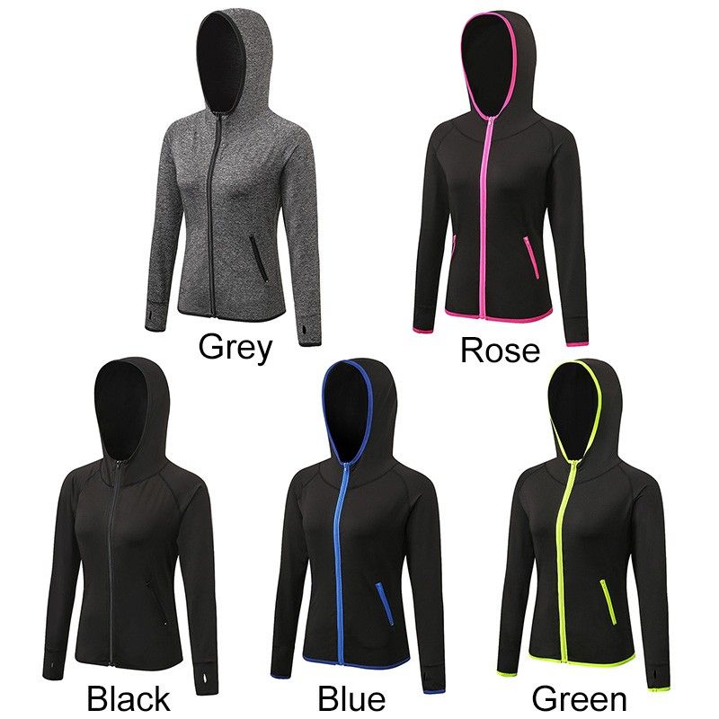Women Hooded Sport Coat Long Sleeve Zipper Pocket Stretchy