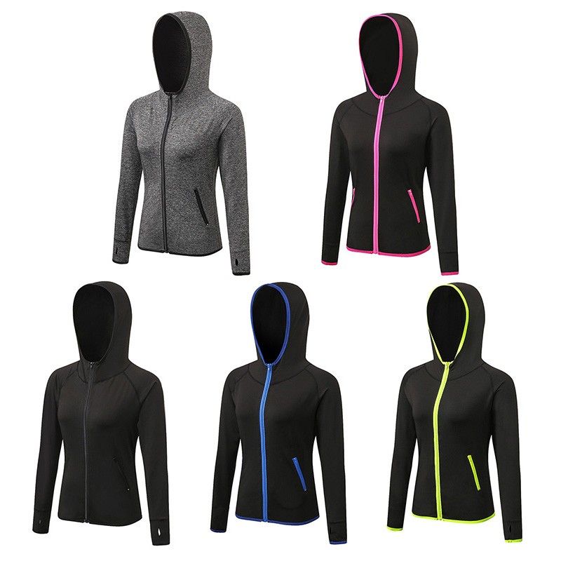 Women Hooded Sport Coat Long Sleeve Zipper Pocket Stretchy