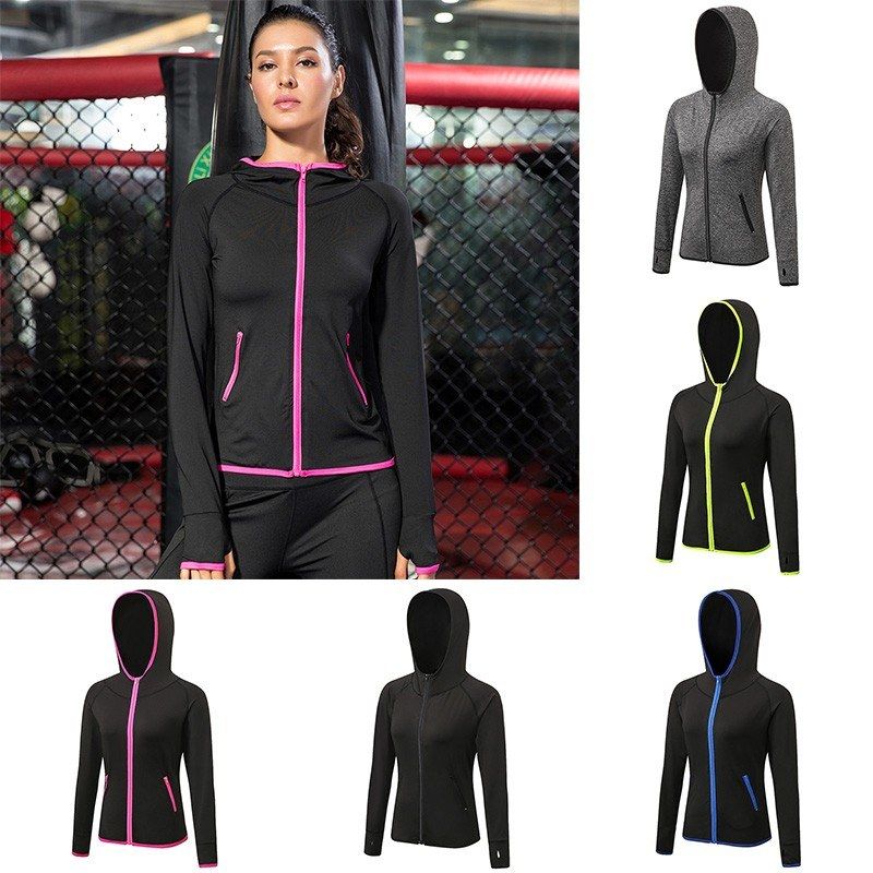 Women Hooded Sport Coat Long Sleeve Zipper Pocket Stretchy