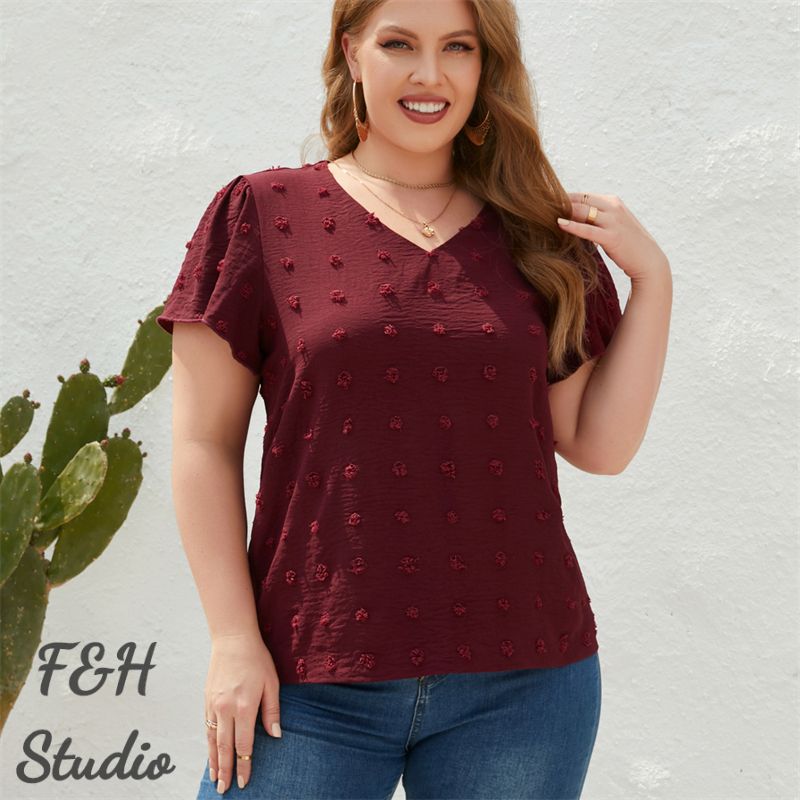 F&H 3322 XL-4XL V Neck Short Sleeves Lovely Furry Ball Decoration Red
