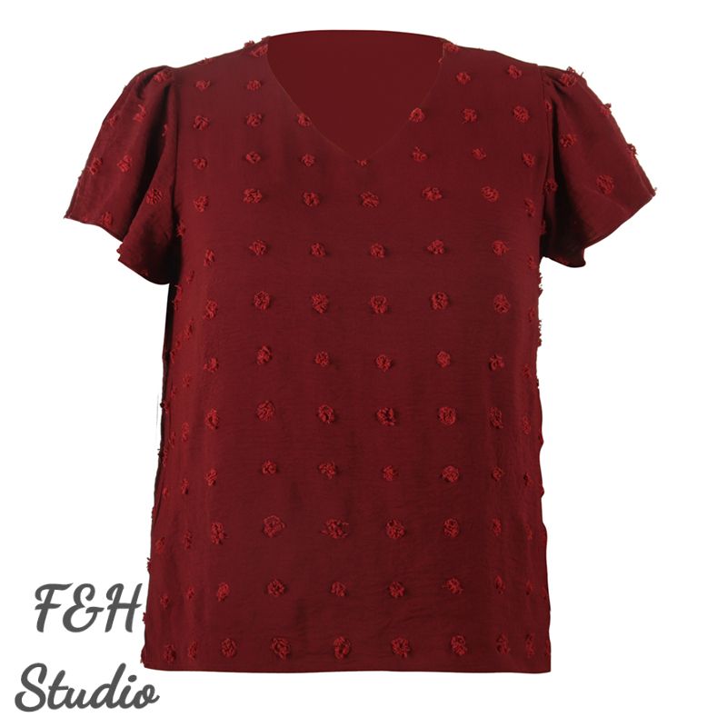 F&H 3322 XL-4XL V Neck Short Sleeves Lovely Furry Ball Decoration Red