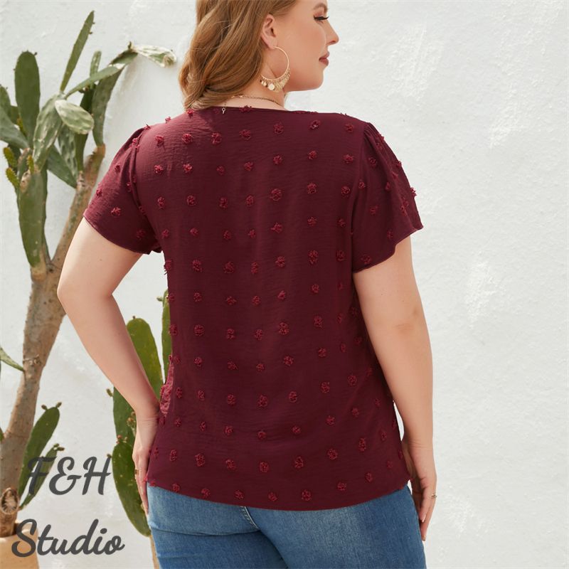 F&H 3322 XL-4XL V Neck Short Sleeves Lovely Furry Ball Decoration Red
