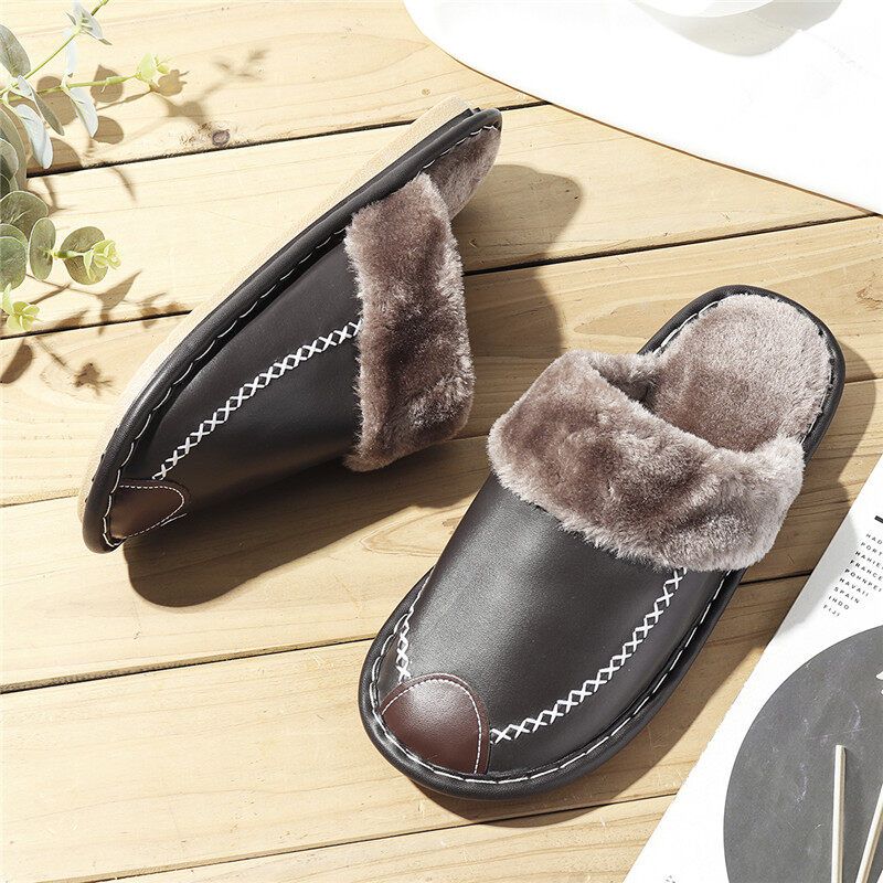 Men Spring Winter Home Slippers Leather Indoor Close Toe Warm House Flats Shoes Comfy（ + Best Discount） Black