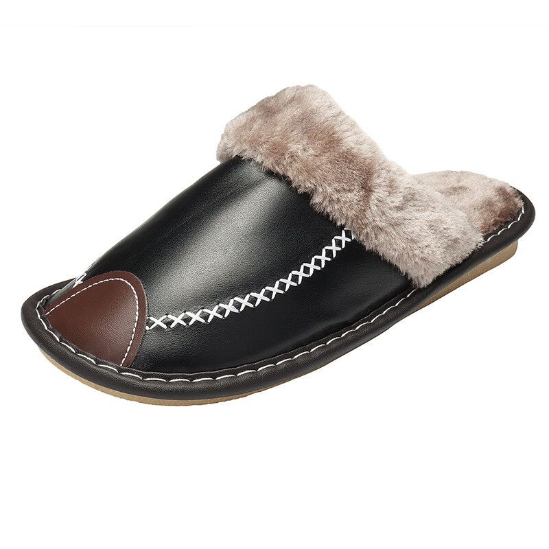 Men Spring Winter Home Slippers Leather Indoor Close Toe Warm House Flats Shoes Comfy（ + Best Discount） Black