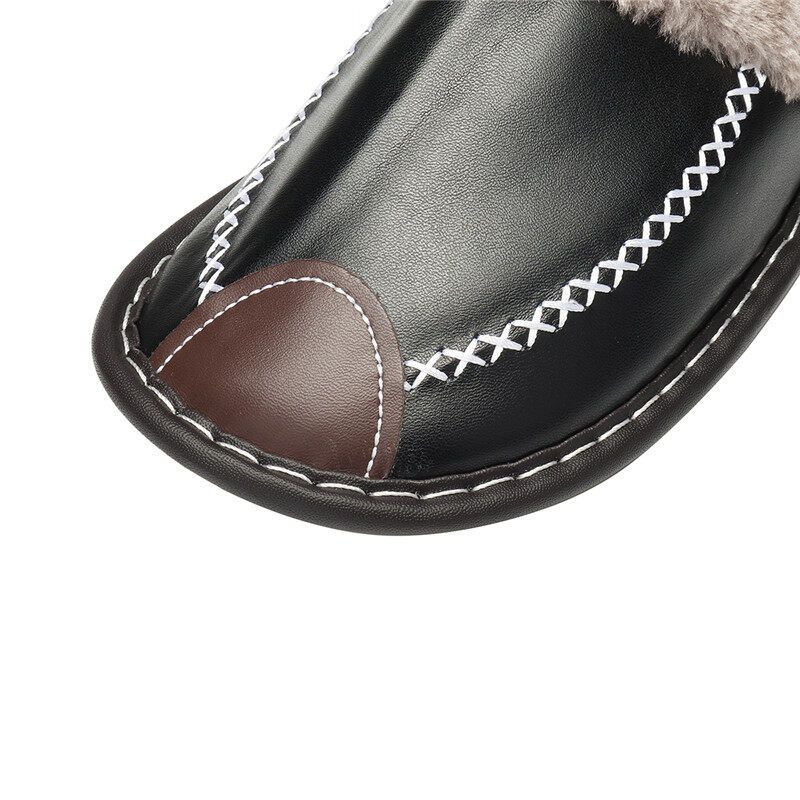 Men Spring Winter Home Slippers Leather Indoor Close Toe Warm House Flats Shoes Comfy（ + Best Discount） Black