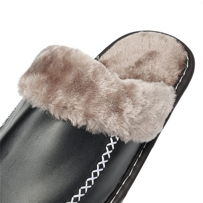 Men Spring Winter Home Slippers Leather Indoor Close Toe Warm House Flats Shoes Comfy（ + Best Discount） Black