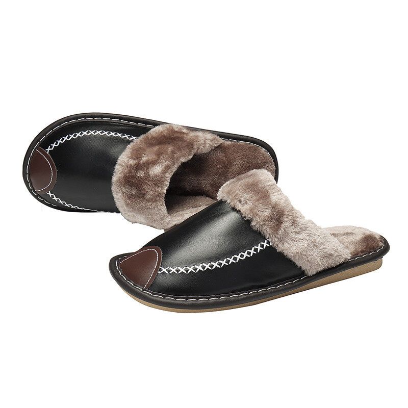 Men Spring Winter Home Slippers Leather Indoor Close Toe Warm House Flats Shoes Comfy（ + Best Discount） Black