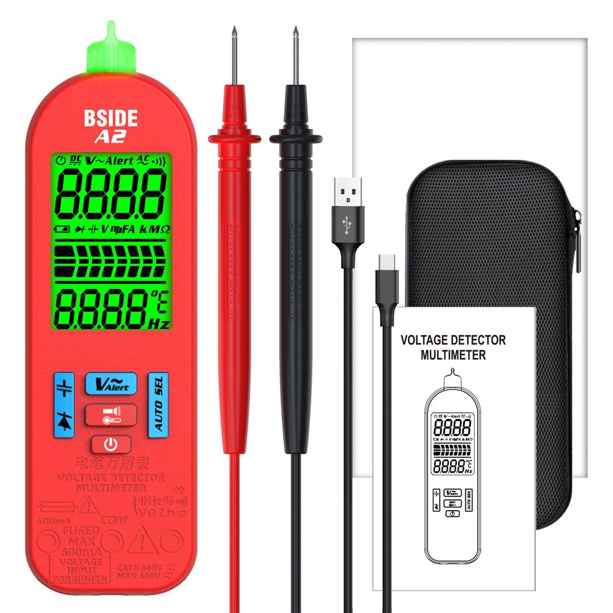 BSIDE A2 Mini Smart Digital Multimeter Auto Range 5999 Counts NCV Universal Meter Handheld Multifunctional Tester Voltmeter Ammeter with Backlight Flashlight AC/DC Voltage & Current Resistance Capacitance Frequency Temperatur