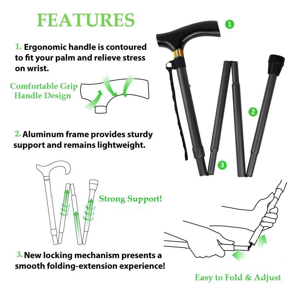 Folding Cane Adjustable Collapsible Lightweight with Ligh Walking Stick Perfect Daily Living Aid for Limited Mobility