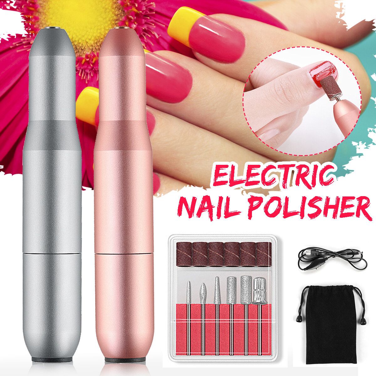 DC5V Electric Pen Shape Nail Art Salon Manicure Pedicure Drill File Polish Tool-Rose Gold